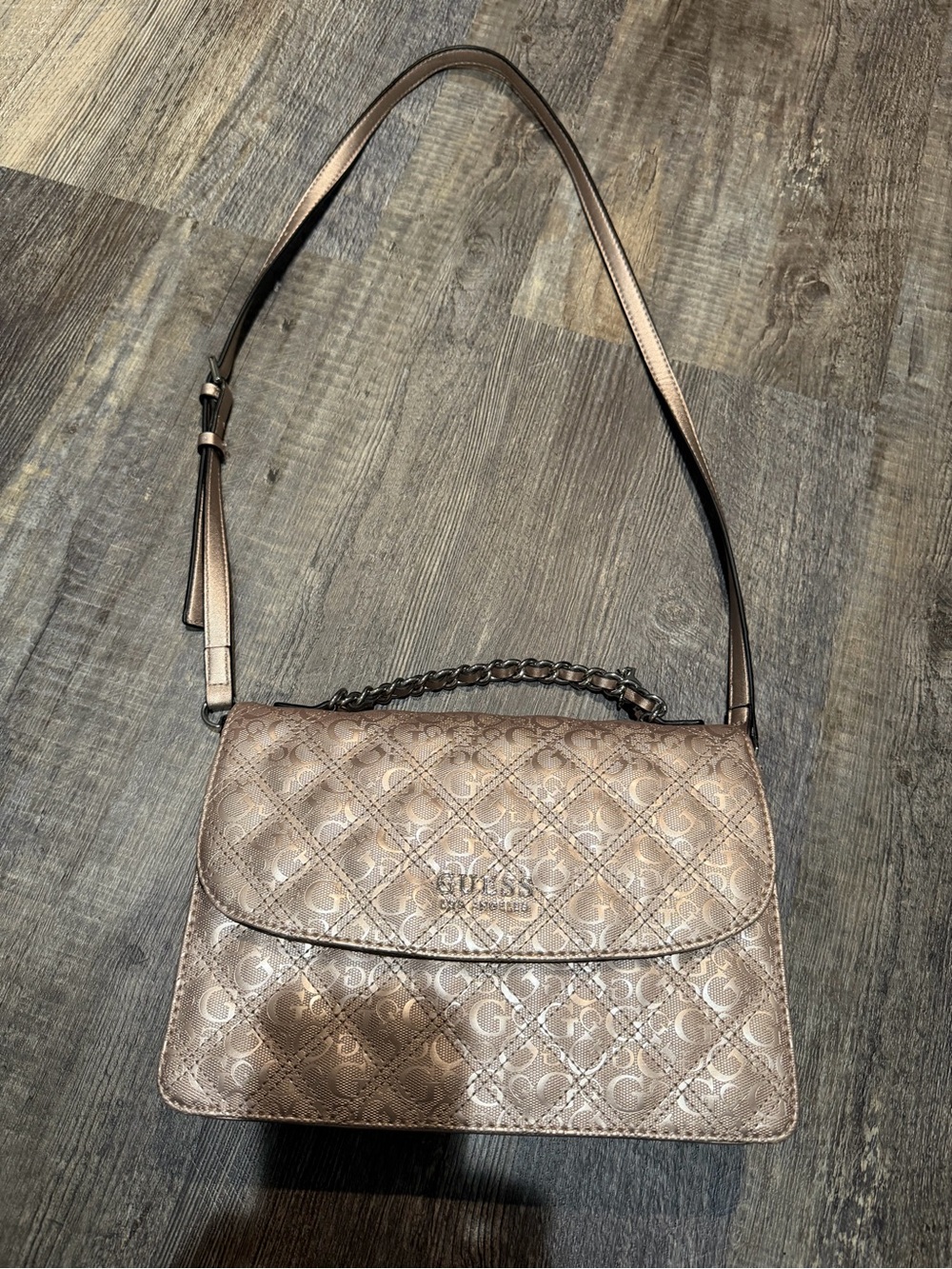 NWOT GUESS Metallic Bronze Quilted Shoulder Bag with Chain Detail